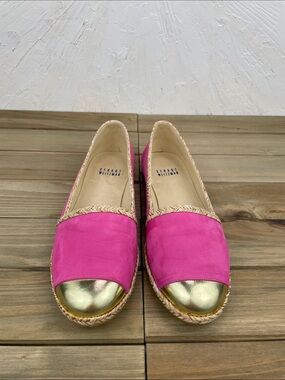 Stuart Weitzman Pink Suede Gold Mirror Tipped Toe Espadrille Flats